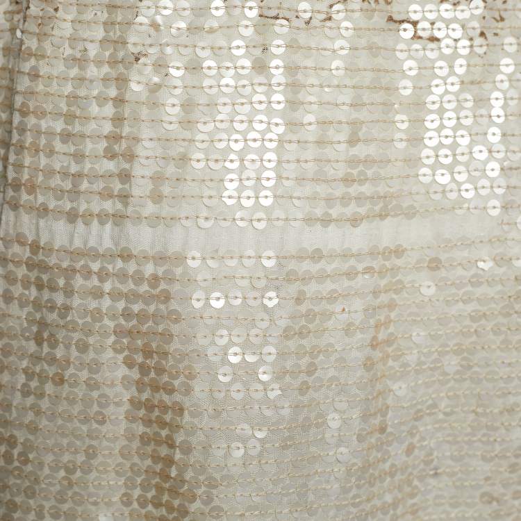 Pre Owned Miu Miu Cream Sequined & Printed Cotton Sleeveless Dress M