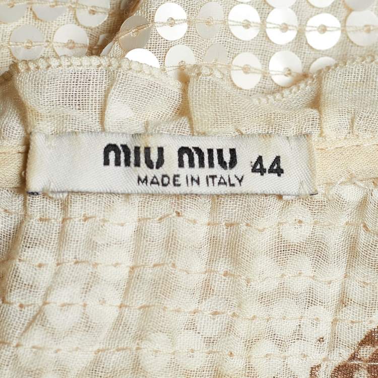 Pre Owned Miu Miu Cream Sequined & Printed Cotton Sleeveless Dress M