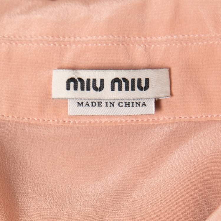 Pre Owned Miu Miu Pink Silk Lace Trim Detail Tie Neck Shirt S