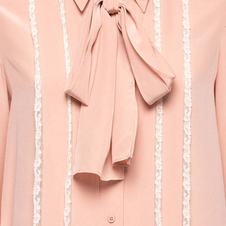 Pre Owned Miu Miu Pink Silk Lace Trim Detail Tie Neck Shirt S
