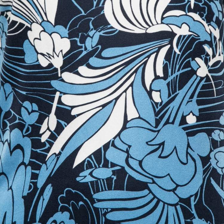 Pre Owned Miu Miu Blue Printed Silk Jersey Boat Neck Dress L