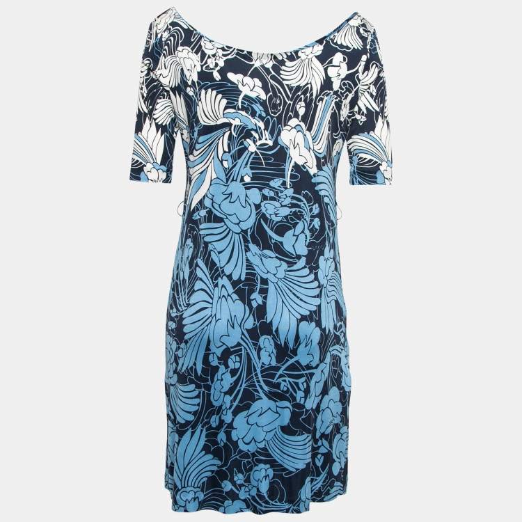 Pre Owned Miu Miu Blue Printed Silk Jersey Boat Neck Dress L