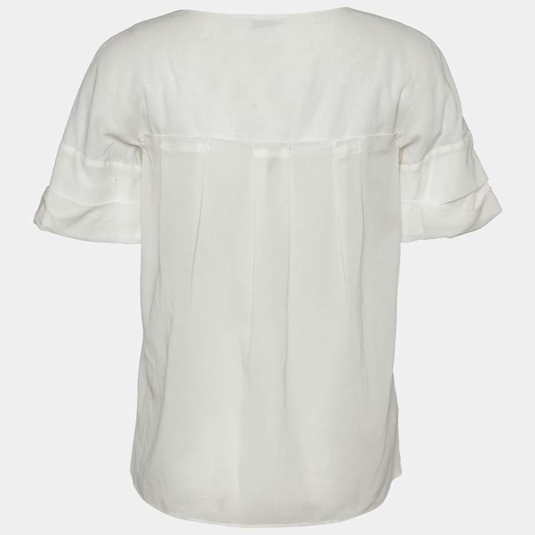 Pre Owned Miu Miu White Pleated Detail Cotton Top M