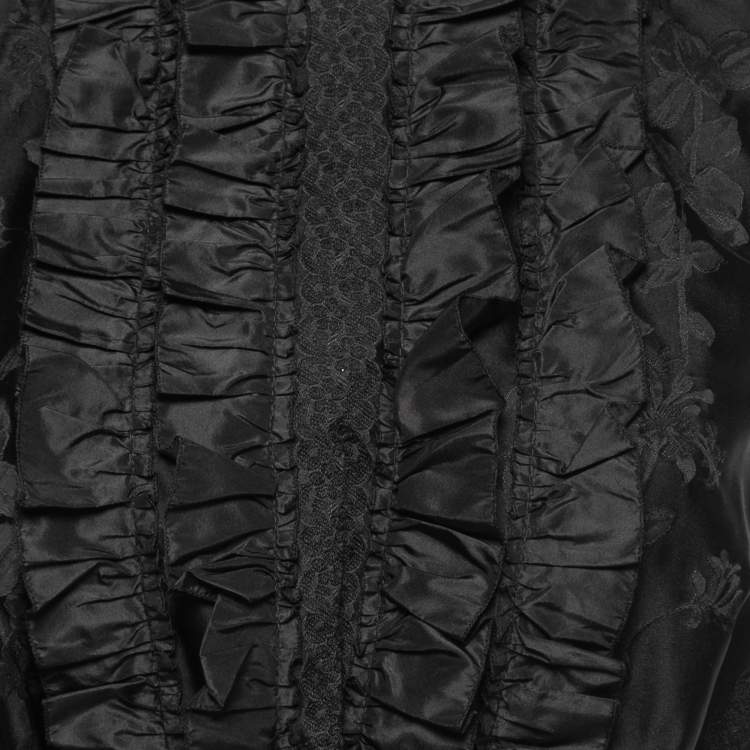 Pre Owned Miu Miu Black Silk Jacquard Lace Insert Ruffled Cropped Top M