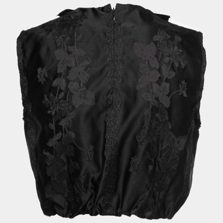 Pre Owned Miu Miu Black Silk Jacquard Lace Insert Ruffled Cropped Top M