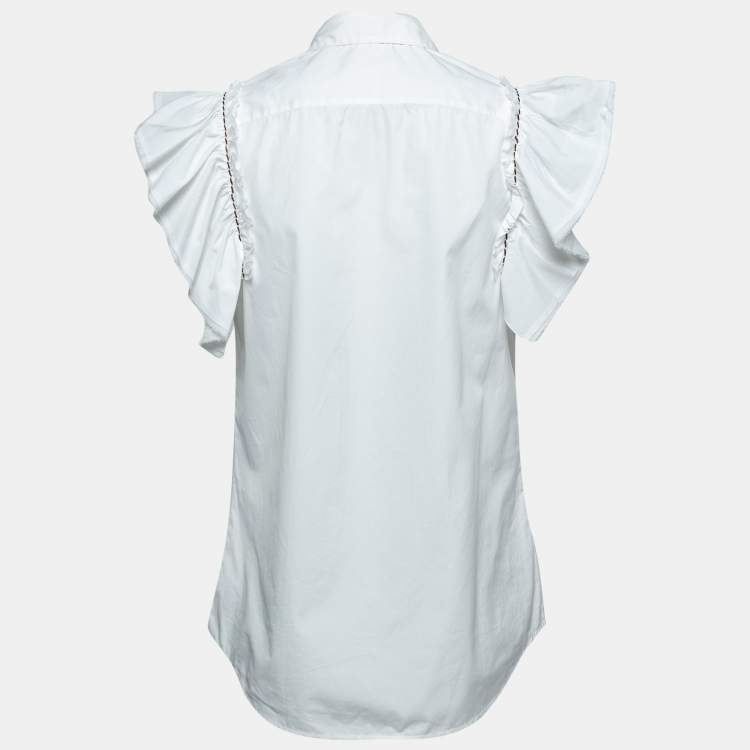 Pre Owned Miu Miu White Cotton Ruffled Sleeve Shirt S