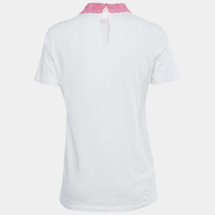 Pre Owned Miu Miu White Cotton Lace Collared T-Shirt L