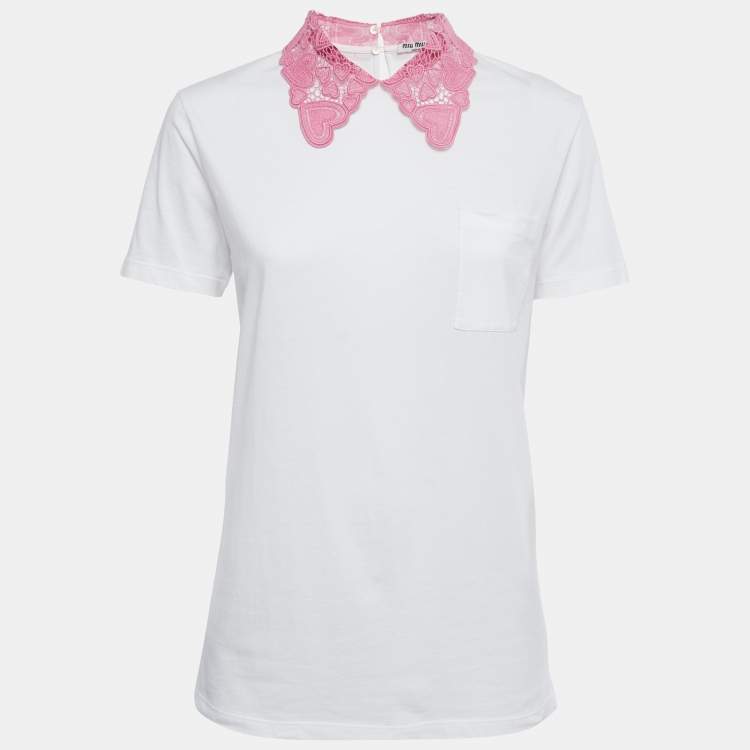 Miu Miu White Cotton Lace Collared T-Shirt L Miu Miu | The Luxury Closet