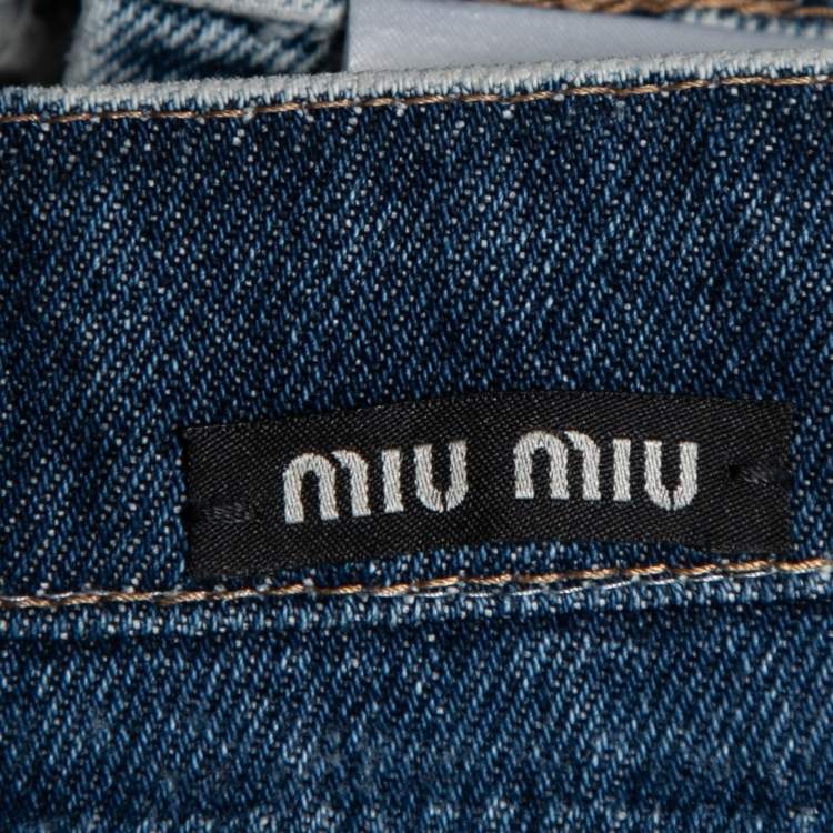 Pre Owned Miu Miu Blue Rhinestone-Embellished Denim Jacket & Jeans Set XS