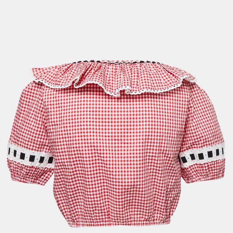 Pre Owned Miu Miu Red Gingham Printed Cotton Cropped Top S