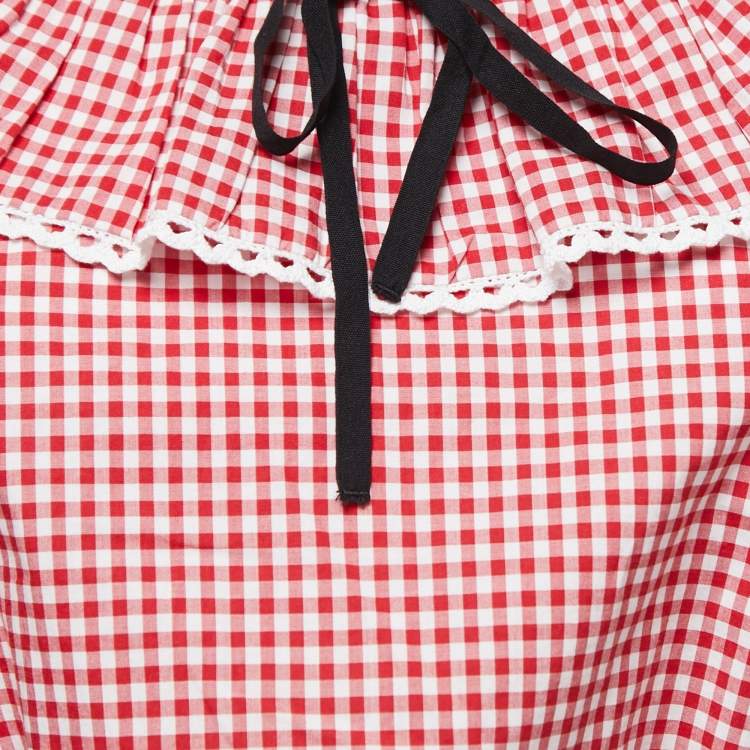 Pre Owned Miu Miu Red Gingham Printed Cotton Cropped Top S