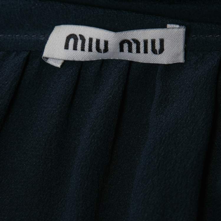 Pre Owned Miu Miu Navy Blue Silk Tie-Neck Detail Blouse M