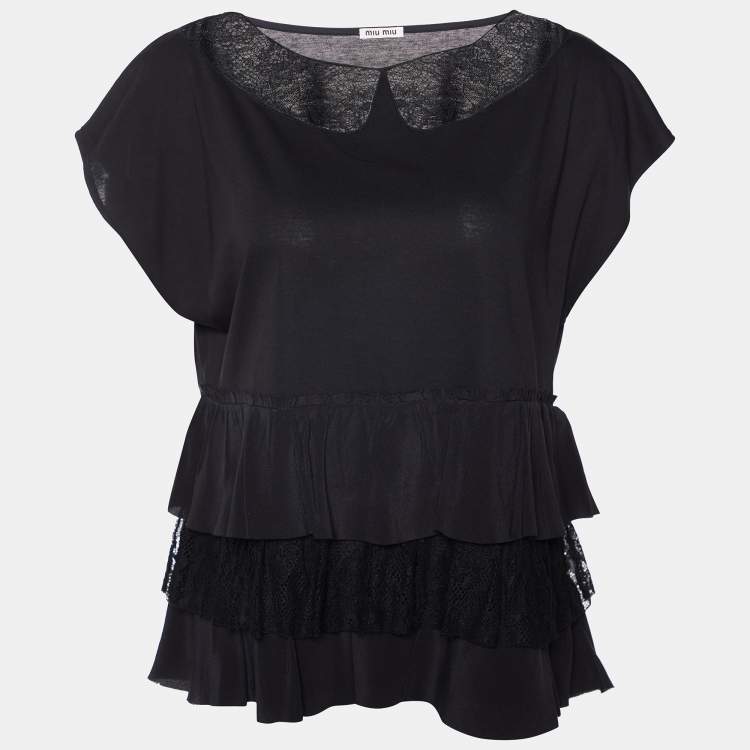 Pre Owned Miu Miu Black Knit & Lace Trim Tiered Top L