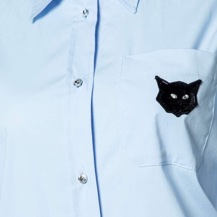Pre Owned Miu Miu Blue  Cotton Cat Logo Embroidered  Button Front Shirt S