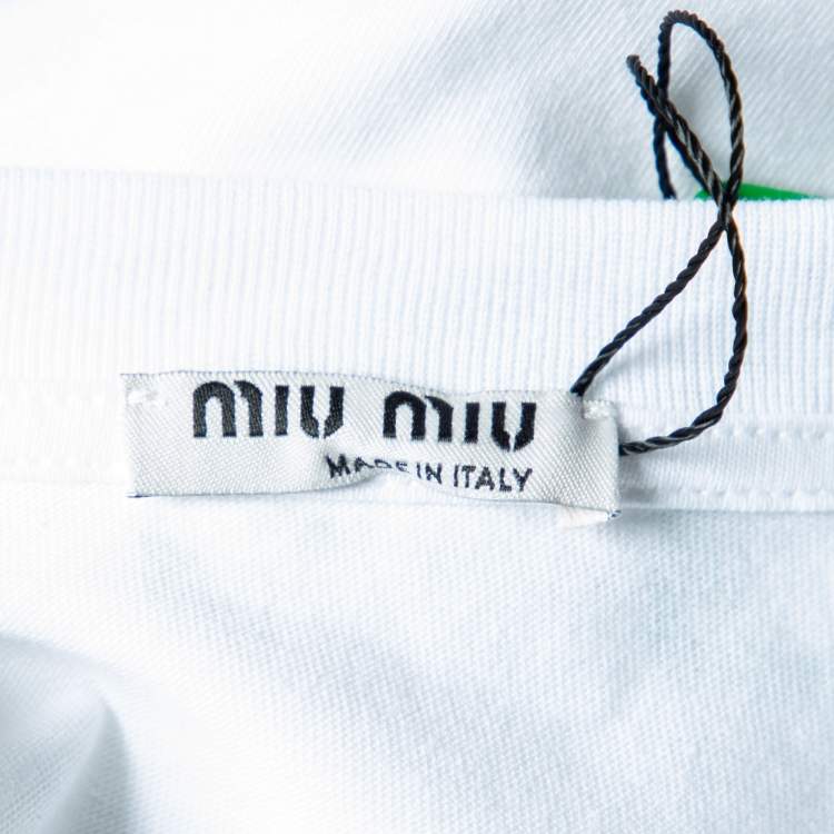 Pre Owned Miu Miu White Logo Printed Cotton Knit Crewneck T-Shirt S