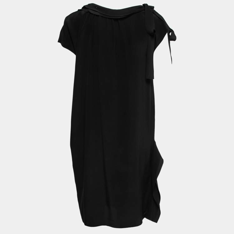 مملوكة مسبقًا Miu Miu Black Crepe Tie Neck Ruffled Short Dress XS