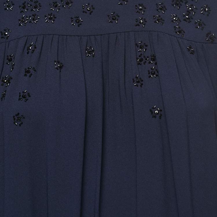 Pre Owned Miu Miu Navy Blue Floral Embellished Crepe Sleeveless Top M