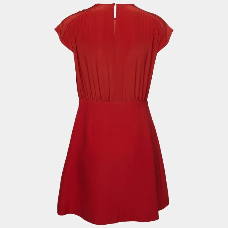 Pre Owned Miu Miu Red Gathered Waist Inverted Pleat Detail Dress M