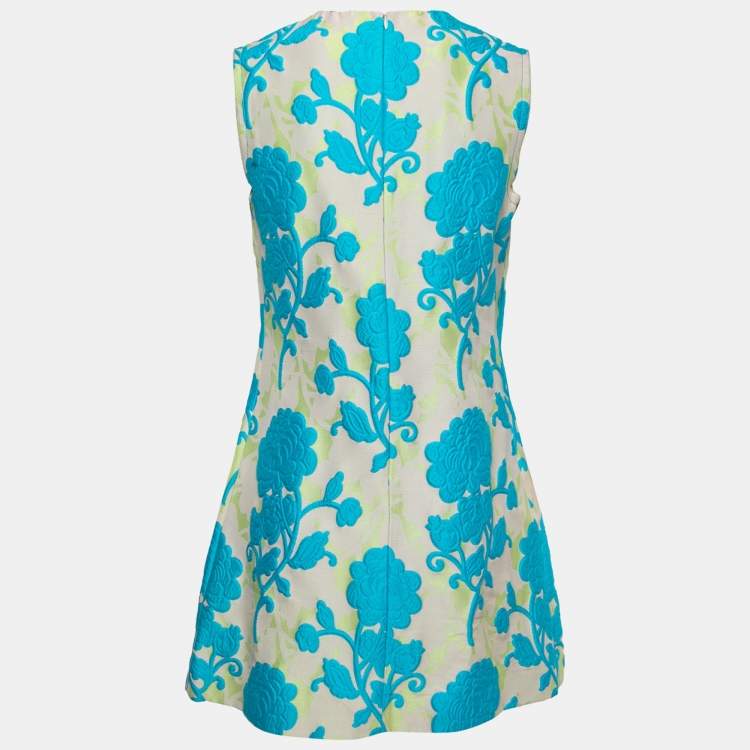Pre Owned Miu Miu Grey/Blue Floral Jacquard Ruched Sleeveless Short Dress M