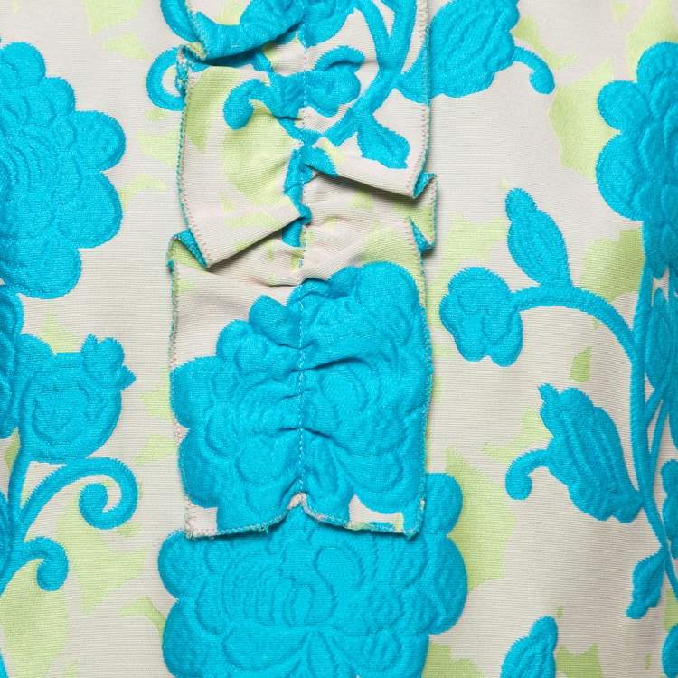 Pre Owned Miu Miu Grey/Blue Floral Jacquard Ruched Sleeveless Short Dress M