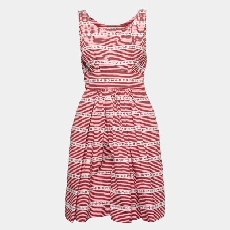 Pre Owned Miu Miu White & Red Printed Cotton Sleeveless Midi Dress M
