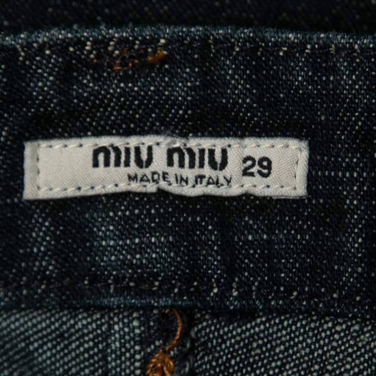 Pre Owned Miu Miu Dark Blue Denim Pleated Knee-Length Skirt M