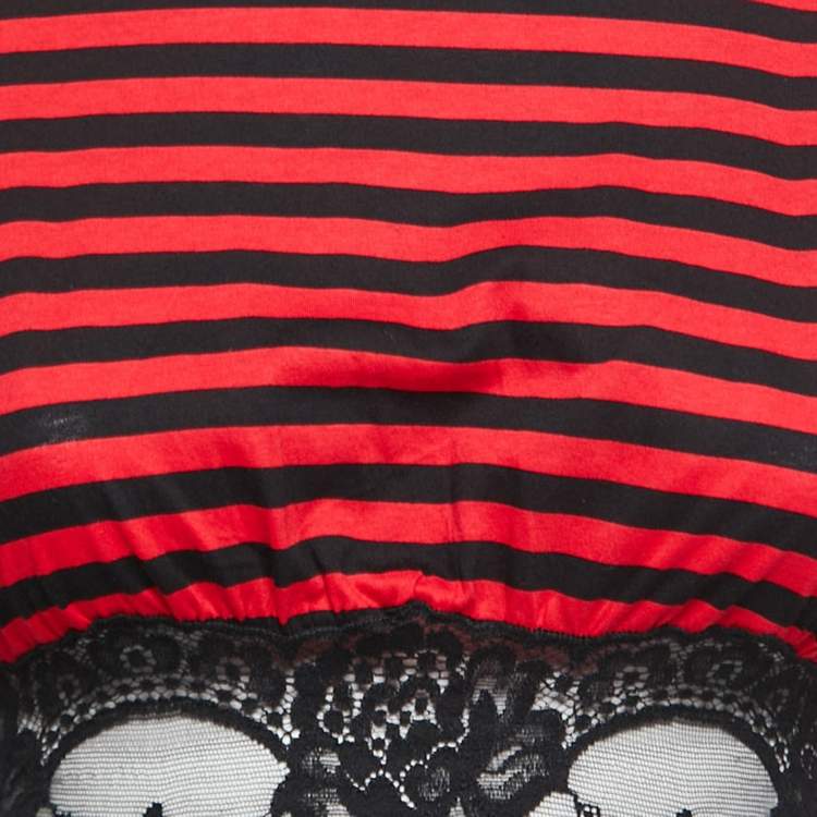Pre Owned Miu Miu Black/Red Striped Cotton Knit and Lace Cropped T-Shirt XS
