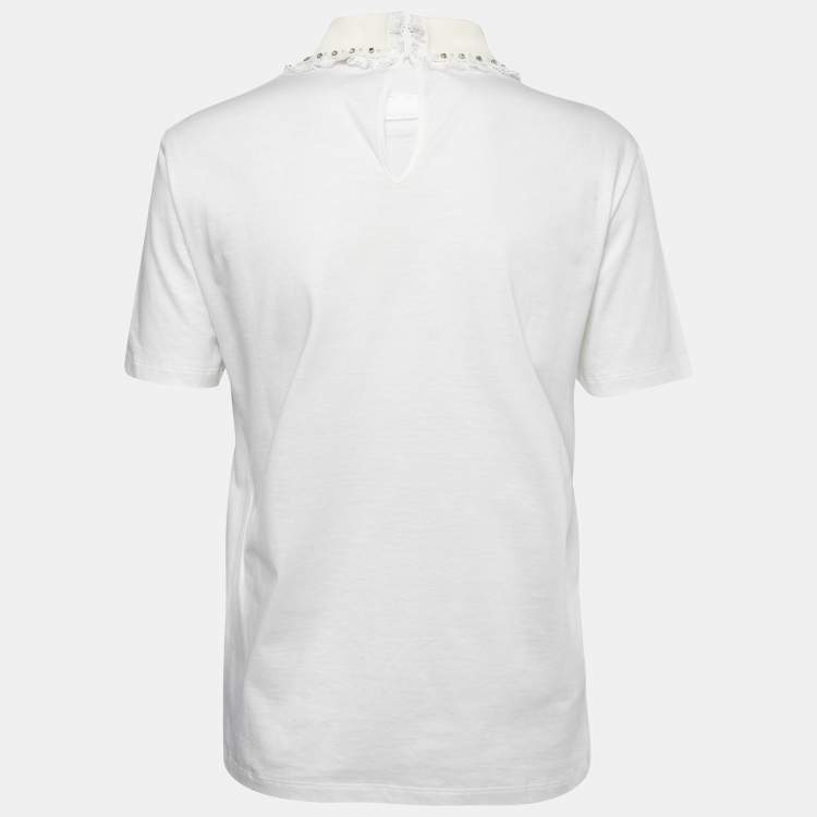 Pre Owned Miu Miu White Cotton Studded Collar T-Shirt L