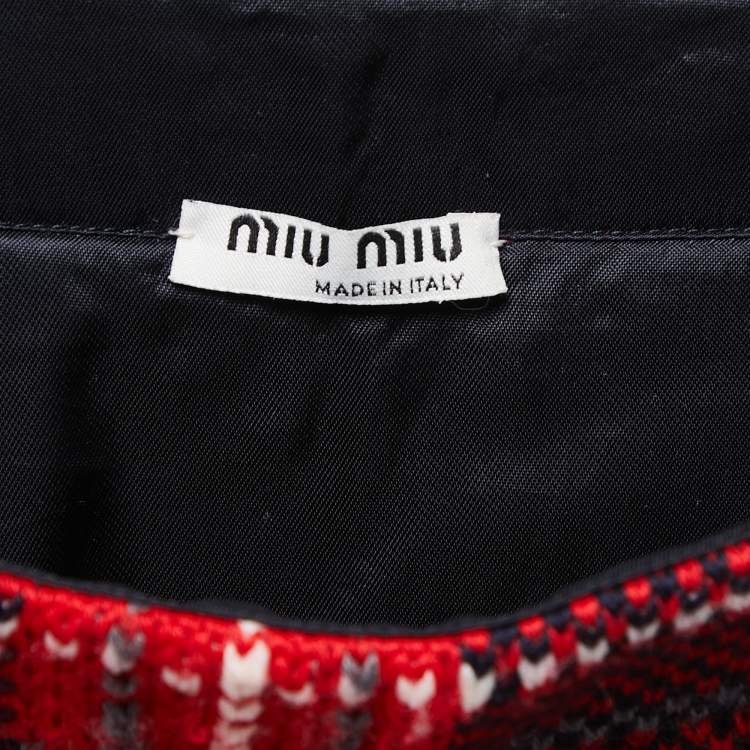 Pre Owned Miu Miu Red/Navy Blue Patterned Wool Knit Mini Skirt M
