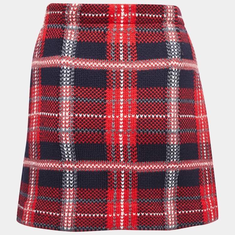 Pre Owned Miu Miu Red/Navy Blue Patterned Wool Knit Mini Skirt M