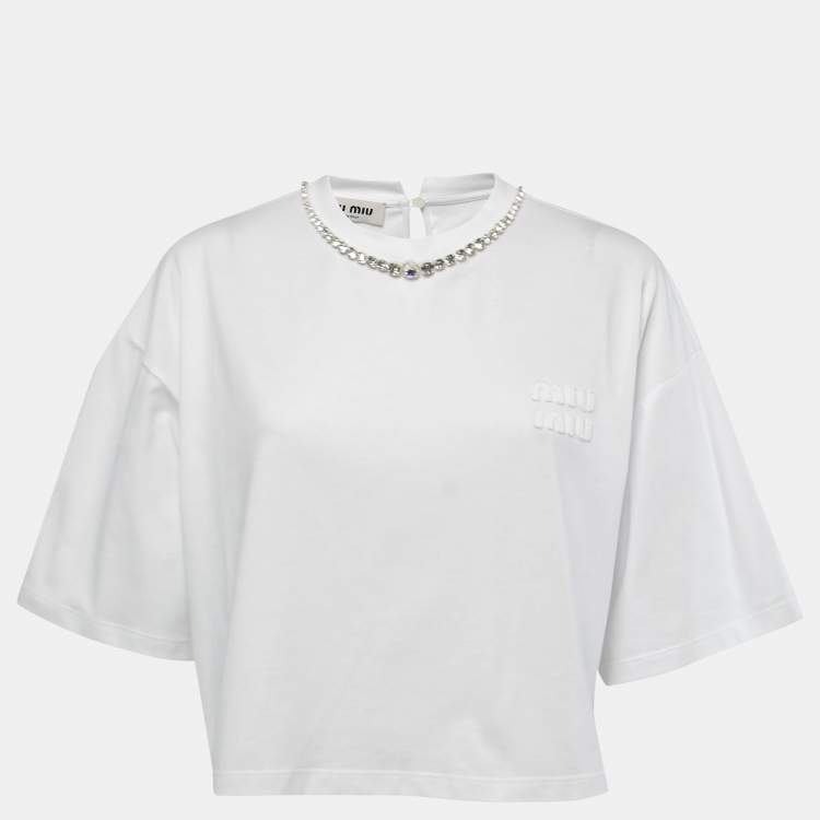 Pre Owned Miu Miu White Cotton Rhinestone Embellished T-Shirt M