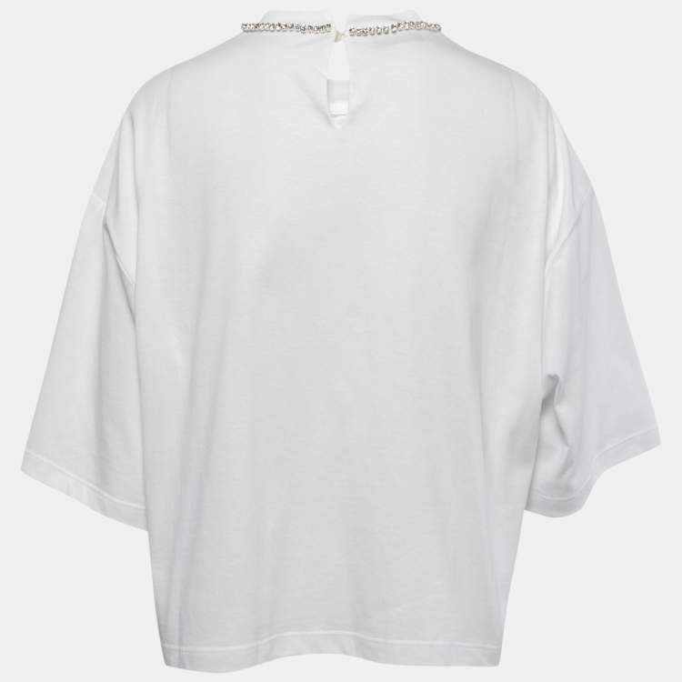 Pre Owned Miu Miu White Cotton Rhinestone Embellished T-Shirt M
