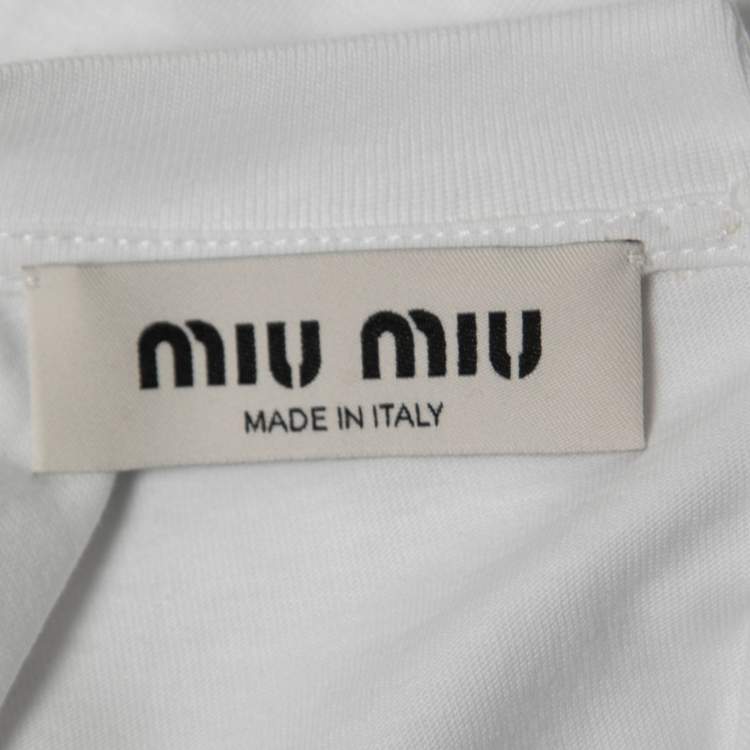 Pre Owned Miu Miu White Cotton Rhinestone Embellished T-Shirt M
