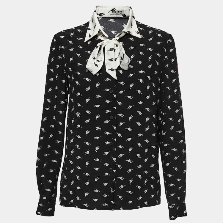 Pre Owned Miu Miu Black All Over Cat Print Crepe Button Front Full Sleeve Shirt M