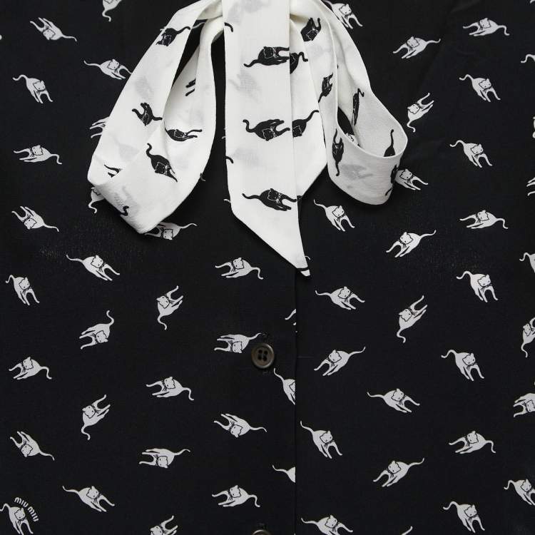 Pre Owned Miu Miu Black All Over Cat Print Crepe Button Front Full Sleeve Shirt M