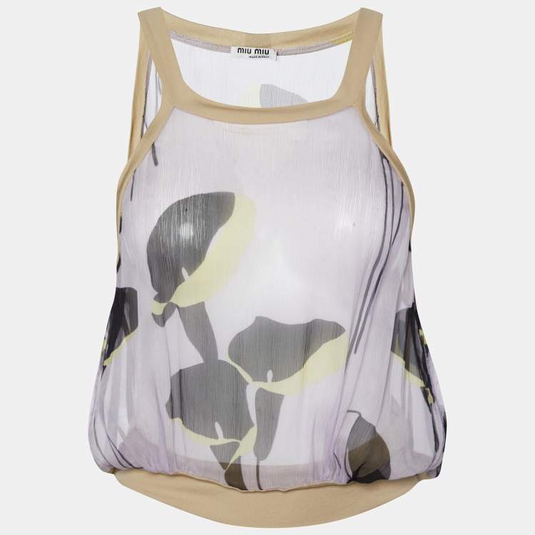 Pre Owned Miu Miu Purple Printed Silk & Knit Top M