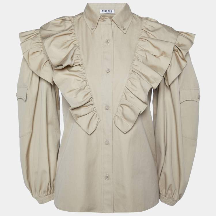 Pre Owned Miu Miu Brown Cotton Ruffled Button Front Shirt XS