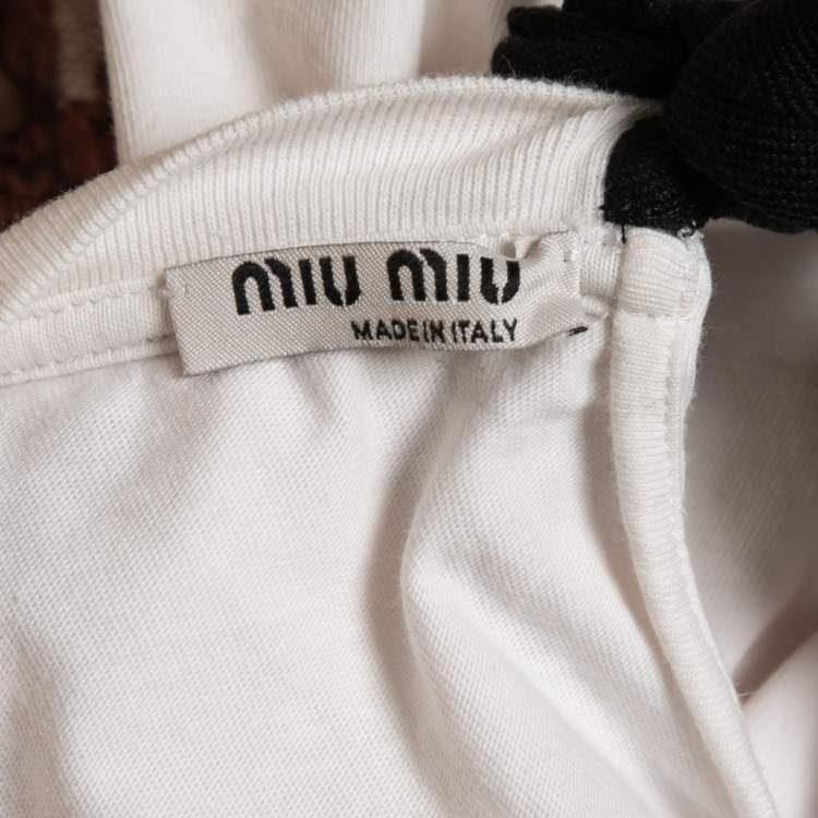 Pre Owned Miu Miu White Cotton Knit Lace Detail T-Shirt L