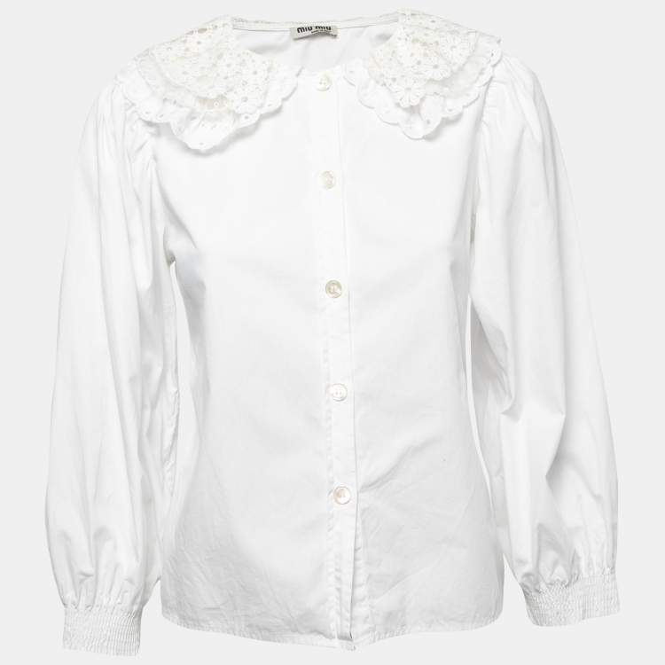 Pre Owned Miu Miu White Cotton & Lace Collar Detail Shirt S