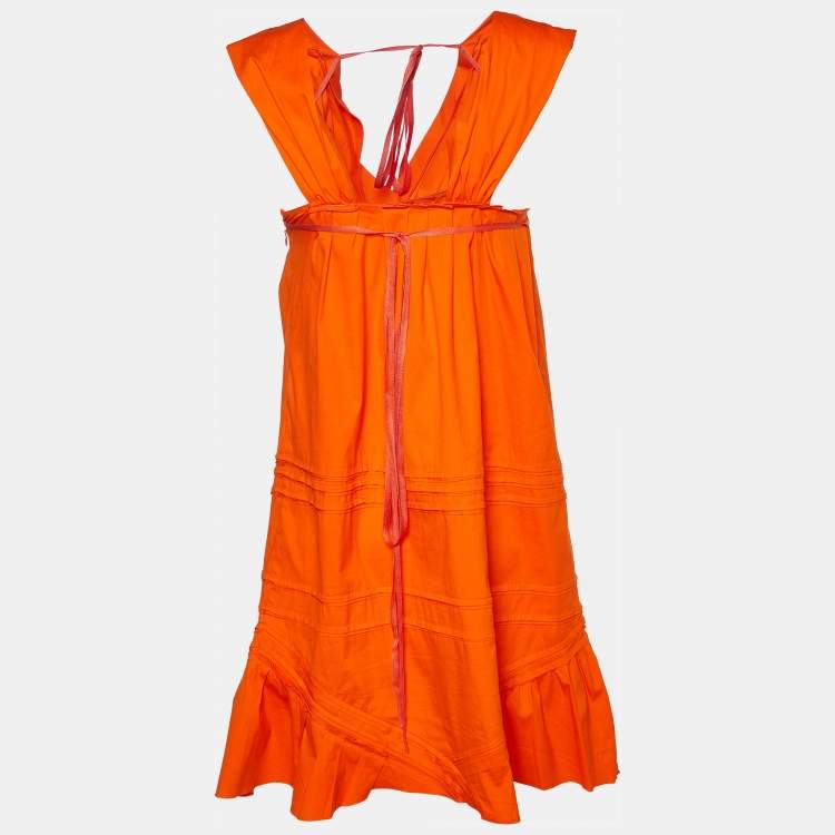 Pre Owned Miu Miu Orange Cotton Paneled Tie Detail Mini Dress S
