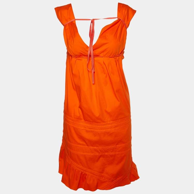 Pre Owned Miu Miu Orange Cotton Paneled Tie Detail Mini Dress S