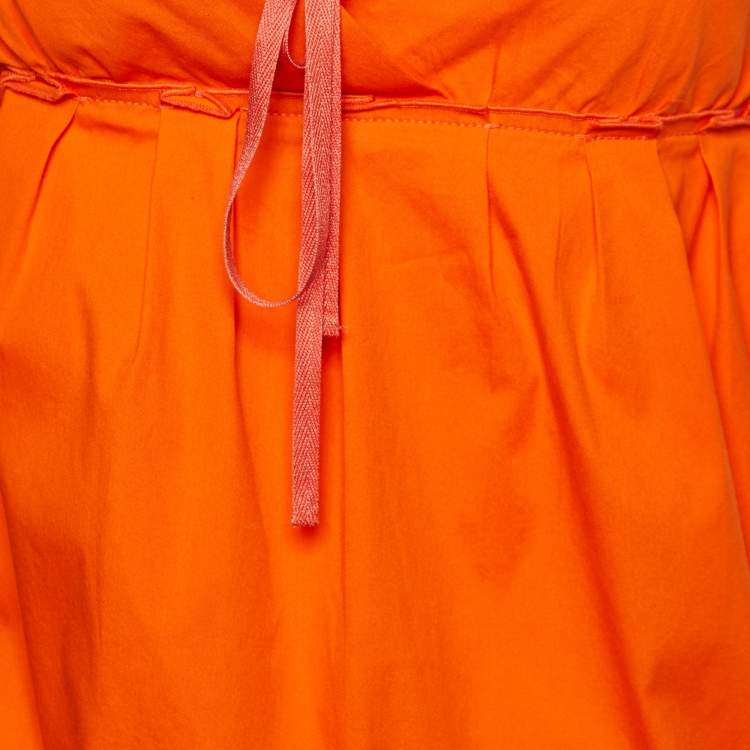 Pre Owned Miu Miu Orange Cotton Paneled Tie Detail Mini Dress S