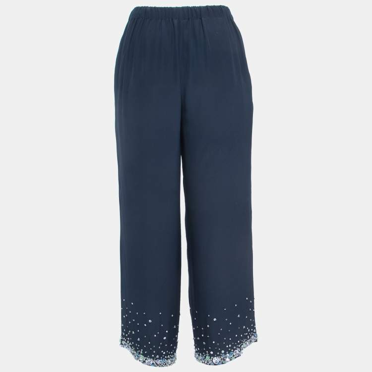 Pre Owned Miu Miu Navy Blue Crepe Embellished Cropped Trousers S