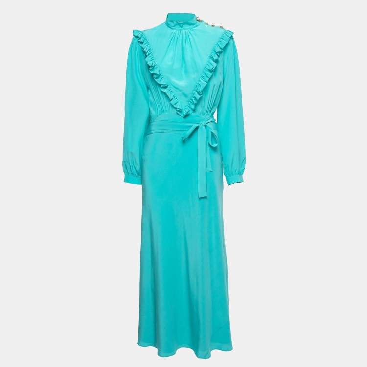 Pre Owned Miu Miu Turquoise Blue Silk Crepe de Chine Long Dress M