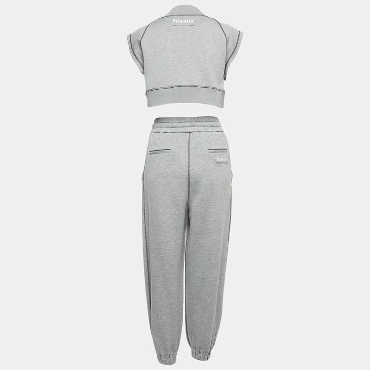 Miu Miu Grey Logo Embroidered Cotton Blend Joggers Crop Top