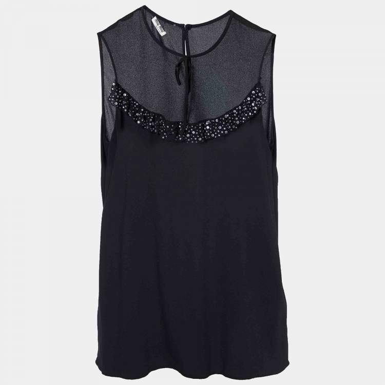 Pre Owned Miu Miu Black Silk Crepe & Tulle Embellished Detail Sleeveless Top M