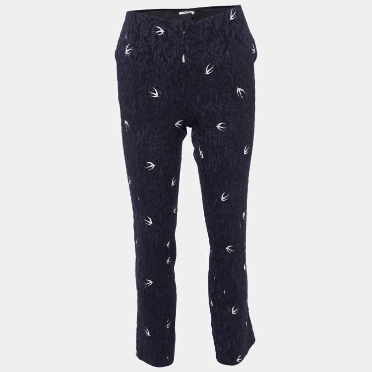 Pre Owned Miu Miu Navy Blue Bird Printed Silk Jacquard Pants M