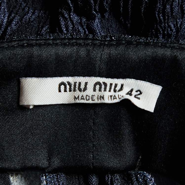 Pre Owned Miu Miu Navy Blue Bird Printed Silk Jacquard Pants M