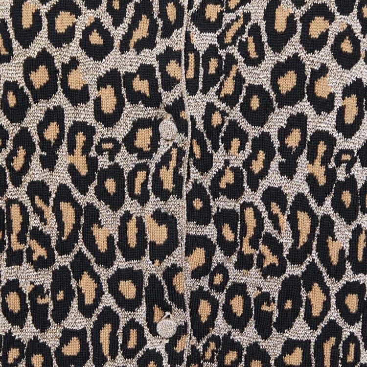 Pre Owned Miu Miu Beige Leopard Lurex Knit Button Front Cropped Cardigan M