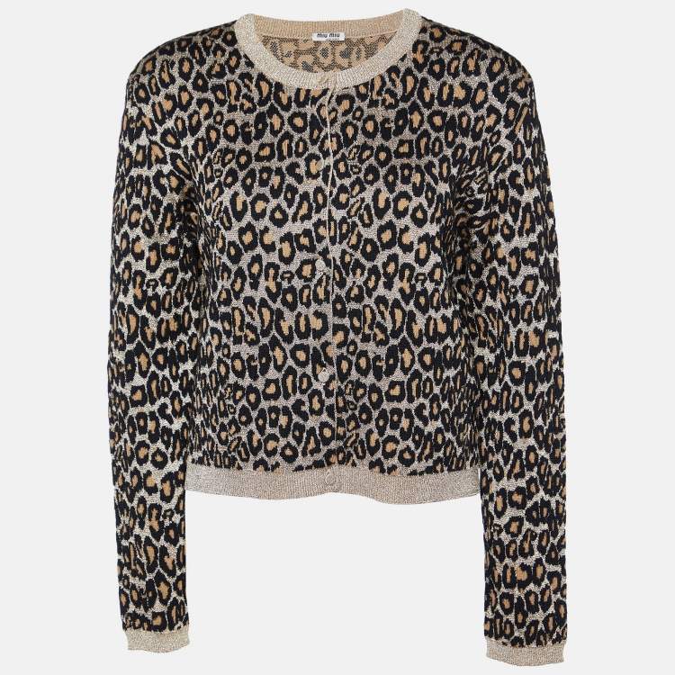 Pre Owned Miu Miu Beige Leopard Lurex Knit Button Front Cropped Cardigan M